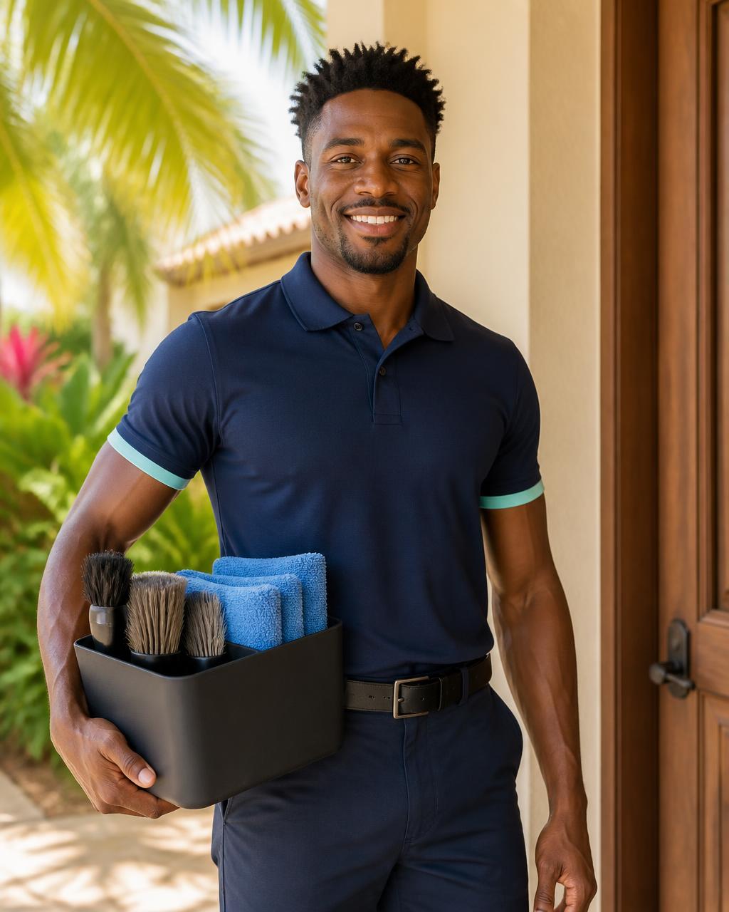 Un técnico de VenYa sonriendo, con polo azul marino y mangas con detalle en menta, sosteniendo una caja de cepillos y toallas de microfibra en la entrada de una villa